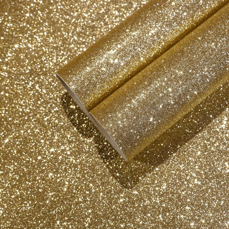 CHIHUT Champagne Gold Glitter Contact Paper Peel and Stick Wallpaper Sparkle Glitter Removable Self Adhesive Wallpaper Textured Fabric Wall Paper Roll for Bedroom Walls Cabinets Dresser 15.7''x100'' - Image 1